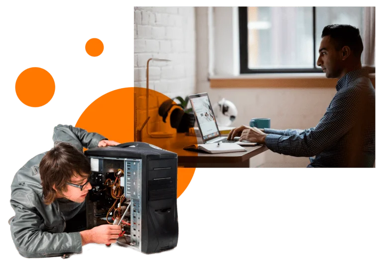 Estudiante revisando el interior de una torre de computadora